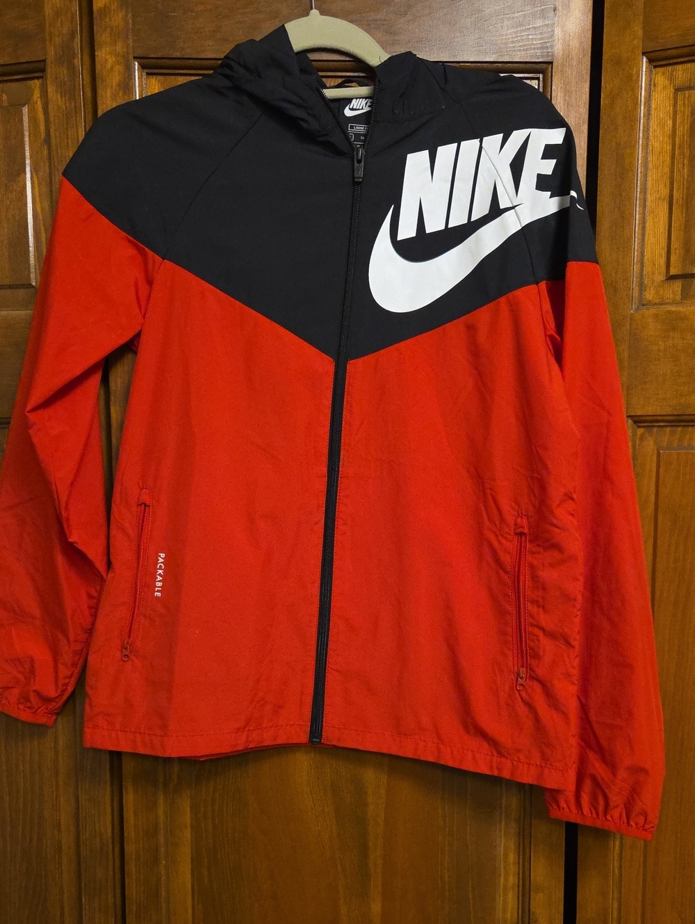 Nike Red and Black Youth Windbreaker Jacket with Bold Logo